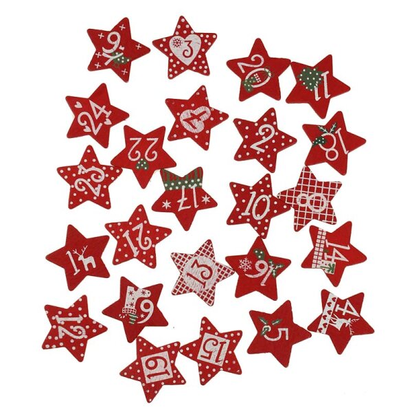 Adventskalender-Zahlen 1-24 auf Stern rot 3,5 cm 24 Stück