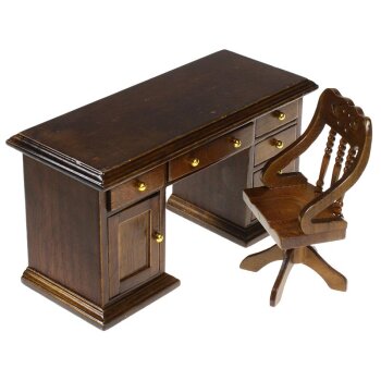 Schreibtisch mit Bürostuhl antikbraun M 1:12