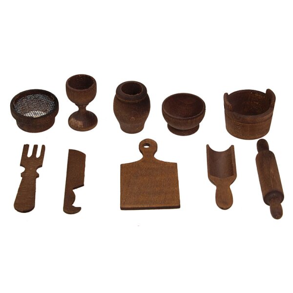 Küchenminiaturen aus Holz braun gebeizt 10teilig 1,5–5 cm
